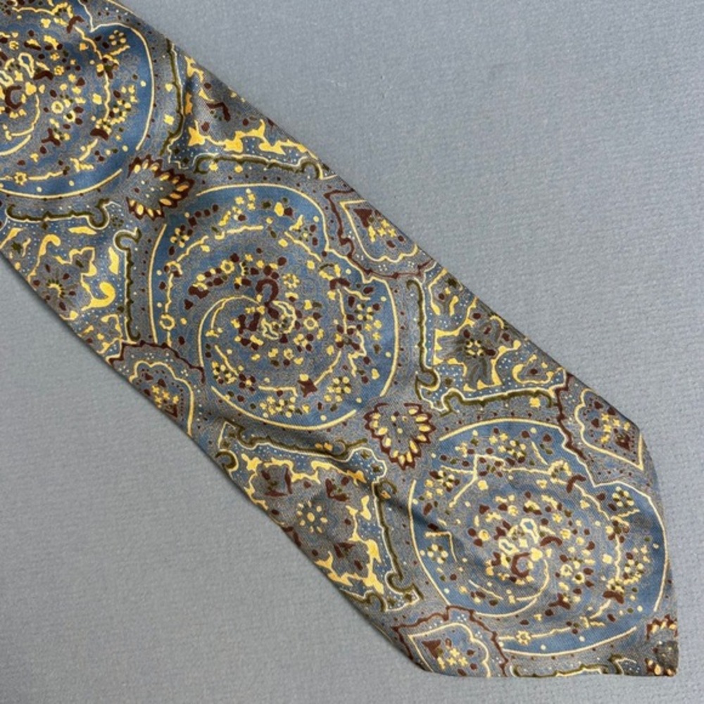 LANVIN Paris Silk Necktie Blue Gold Paisley Medallion 2000's VTG Franceā